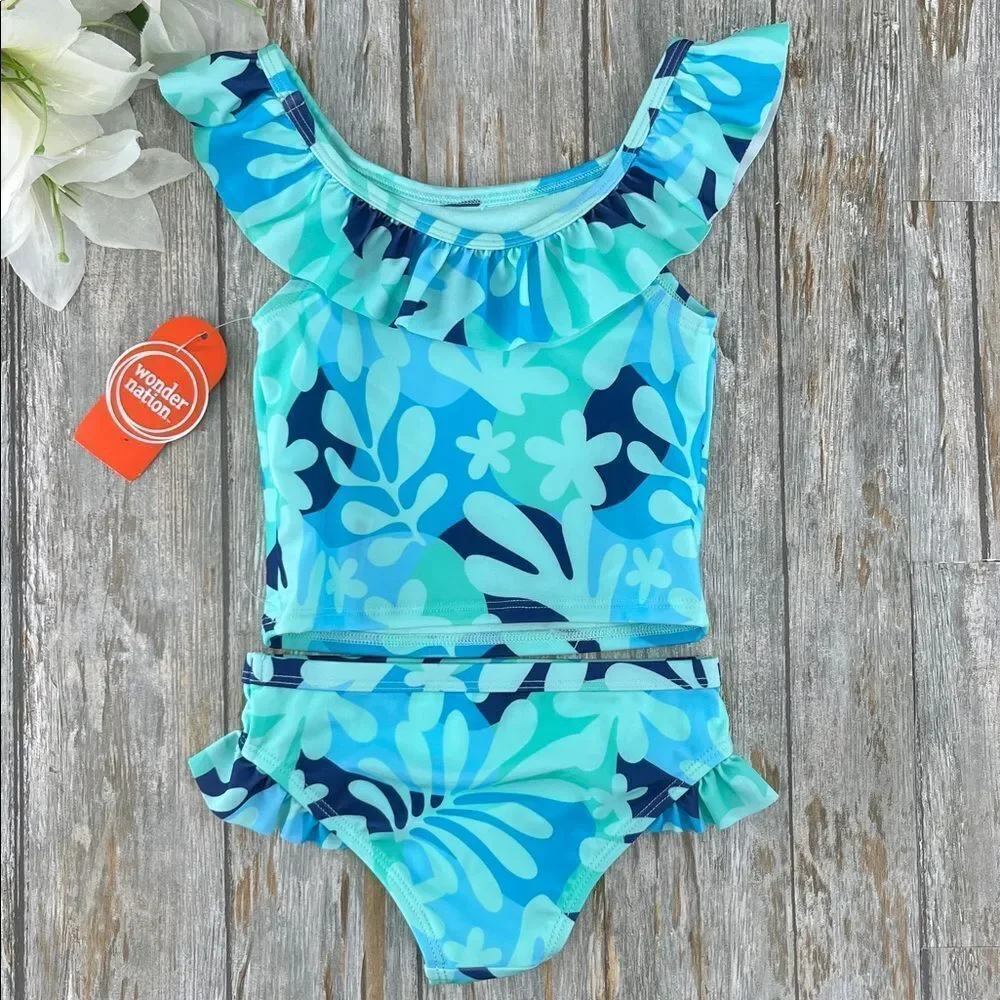 Toddler Girl Tropical Print Ruffle Tankini Swimsuit Two-Piece, Size 2T